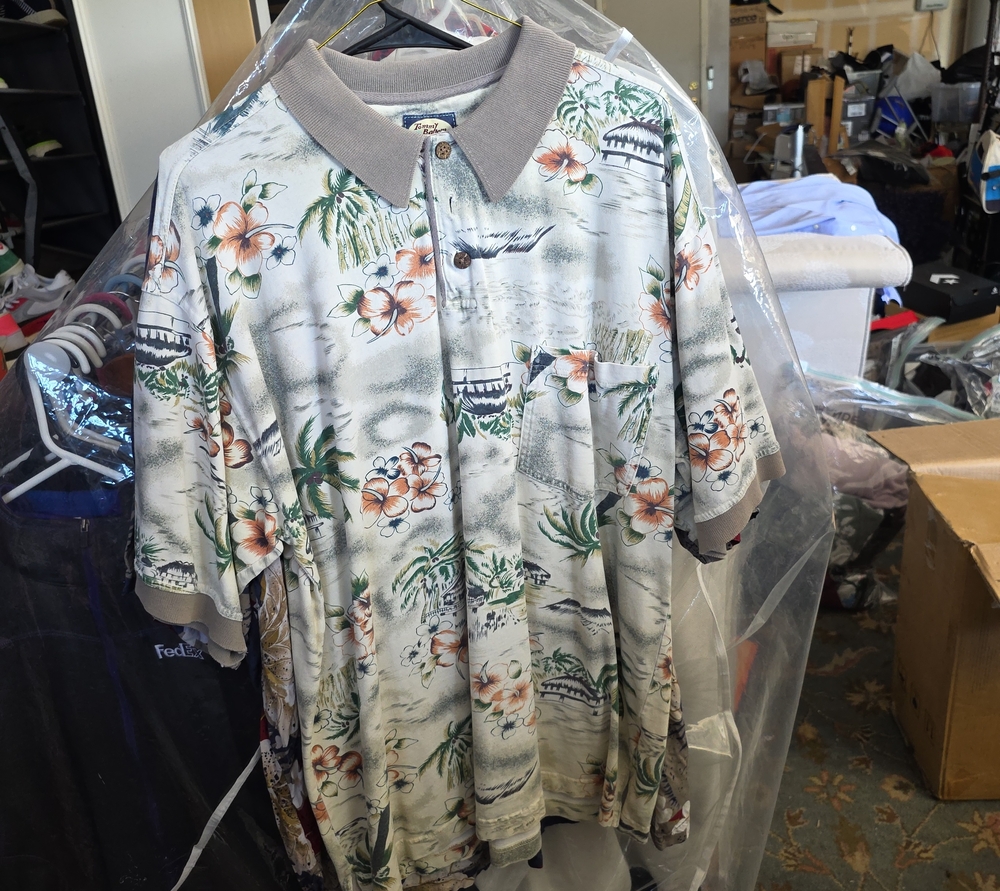 Tommy Bahama White Floral Polo with Peach Blooms and Green Leaves